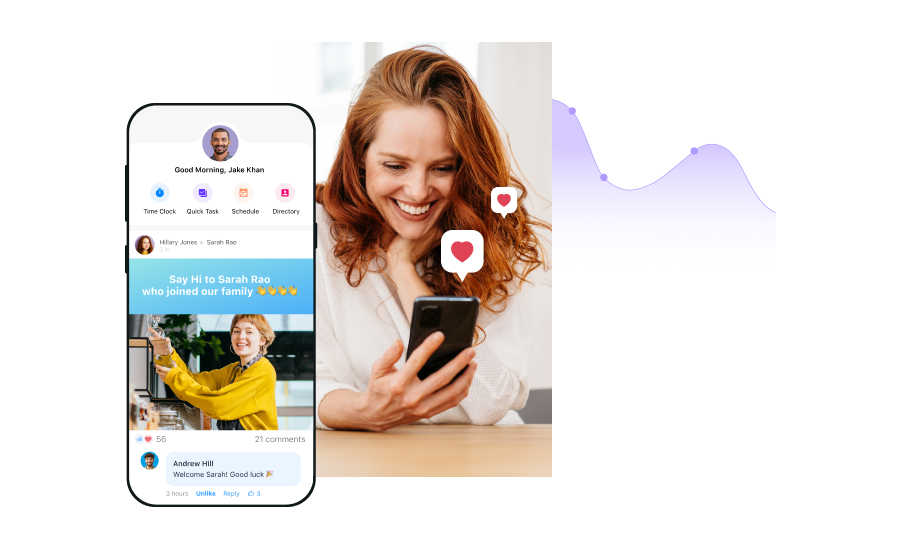 Woman looking at her phone and smiling with a screenshot of an update from Connecteam app