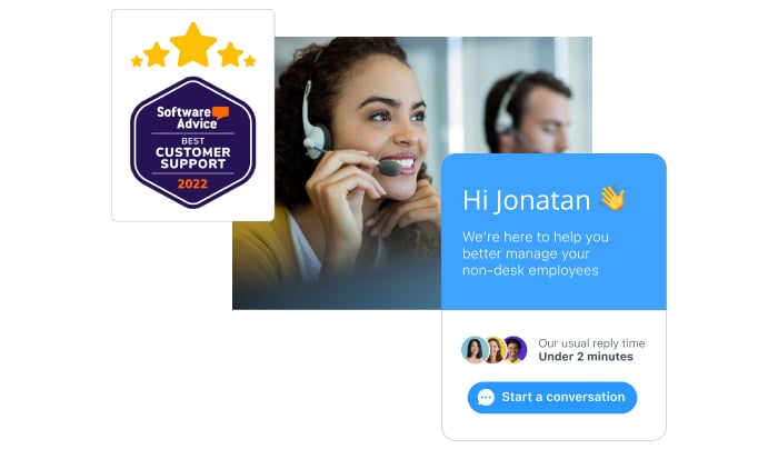 Screenshot of Connecteam's support chat with picture of customer support rep and Capterra rating icon