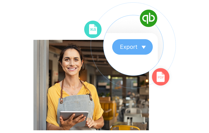 Woman smiling with a screenshot of Connecteam & Quickbooks integration
