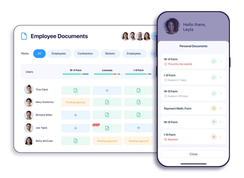 On the left, Connecteam&rsquo;s desktop document management interface showing employee documents such as licenses, W-4s, and I-9s organized in one place. The right side shows a screenshot of an employee&rsquo;s personal documents on their mobile app. 