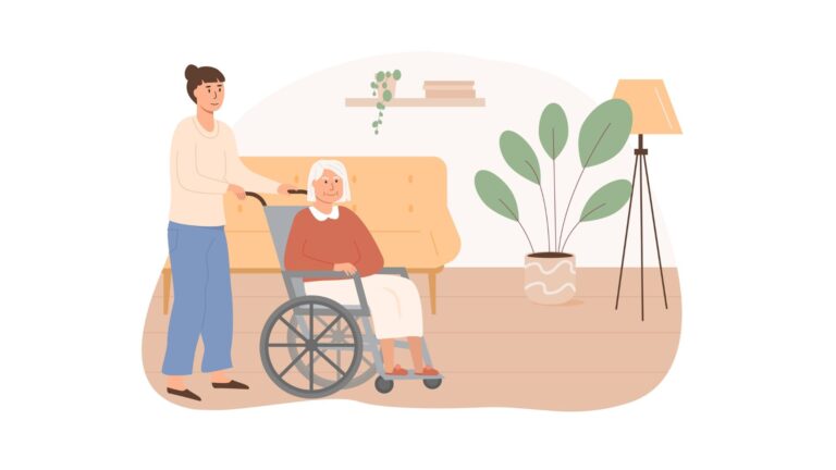 An illustration of a caretaker pushing an elderly woman in her wheelchair