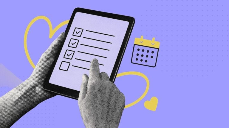 A collage of hands holding a tablet with assisted living software