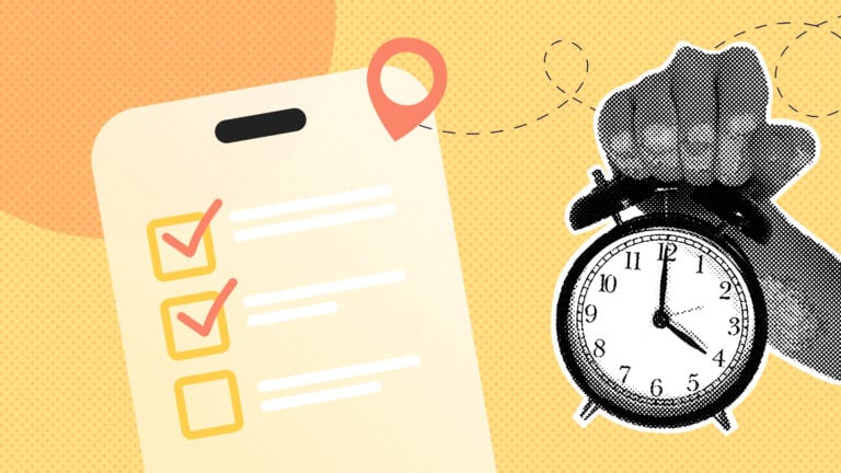 A collage of a hand holding a clock and a phone running employee time tracking software