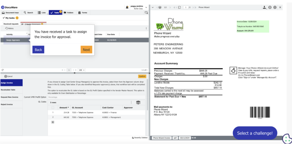 A screenshot showing DocuWare&rsquo;s invoicing interface. A pop-up notification asks the user to approve an invoice, while the main dashboard displays task details such as GL account details, cost centers, and approver assignments. The right side preview pane shows the detailed invoice document. 
