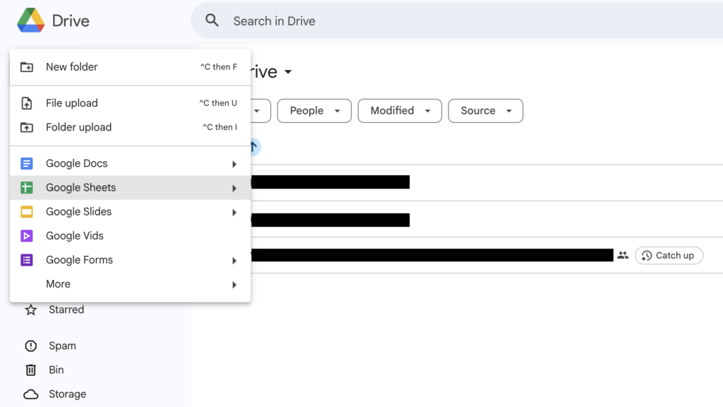 Screenshot of the Google Drive interface with folders (blacked out to protect privacy). The "new" menu is open showing options to upload files and folders or create new Google Docs, Sheets, Slides, and more. 
