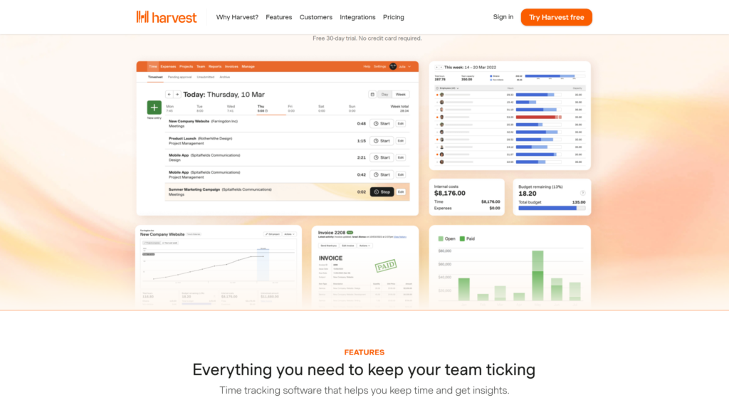 Harvest website, showing a daily schedule, weekly time reports for employees, budget charts, and a paid invoice 
