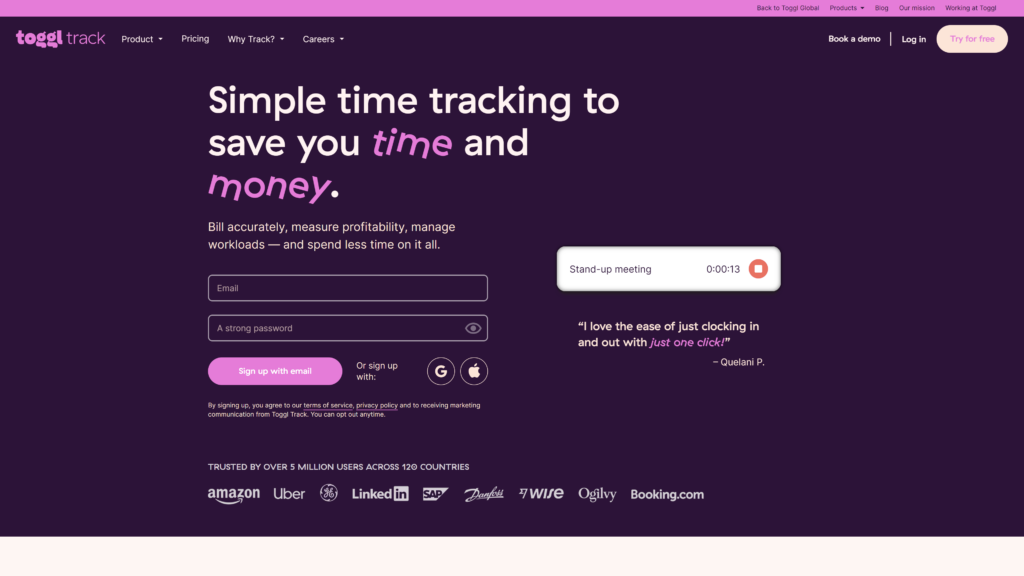 Toggl Track website, with an email and password field and purple and white text reading: ‘Simple time tracking to save you time and money’ 