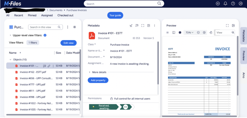 A screenshot of M-Files&rsquo; invoice management interface. The dashboard on the left displays a searchable list of invoices with their names, sizes, and last modified date. The center panel shows the selected invoice, while the right side preview pane displays the invoice document with itemized details and totals. 