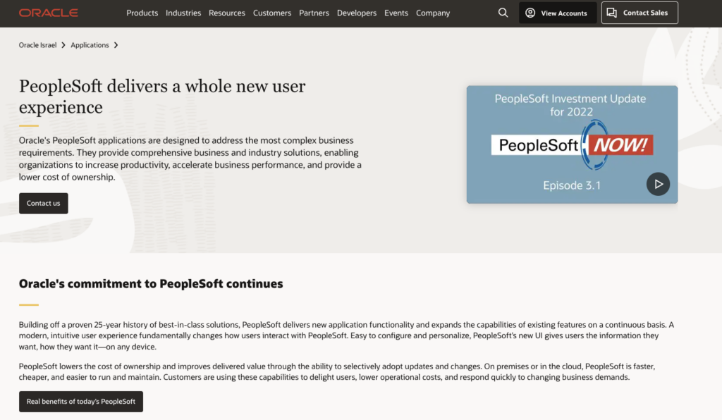 Screenshot of the peoplesoft webpage