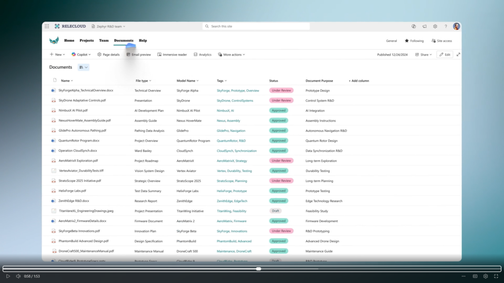 A screenshot showing multiple ways to organize Microsoft SharePoint documents by name, file type, tags, status, document purpose, and other customizable metadata.