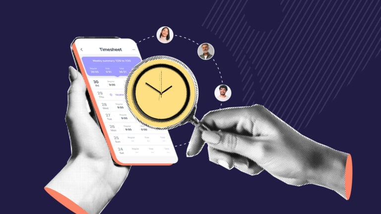 An illustration of a hand holding a smartphone with mobile timesheet software on the screen