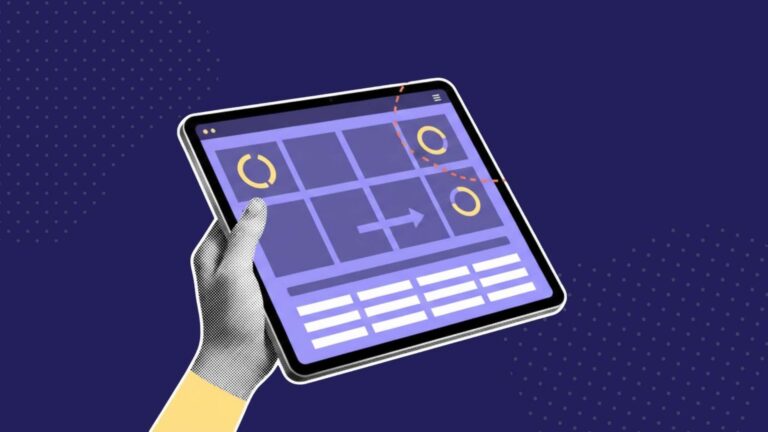 An illustration showing a hand holding a tablet with time tracking software for engineers