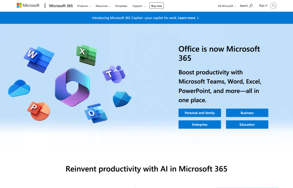 Screenshot of the Microsoft 365 webpage
