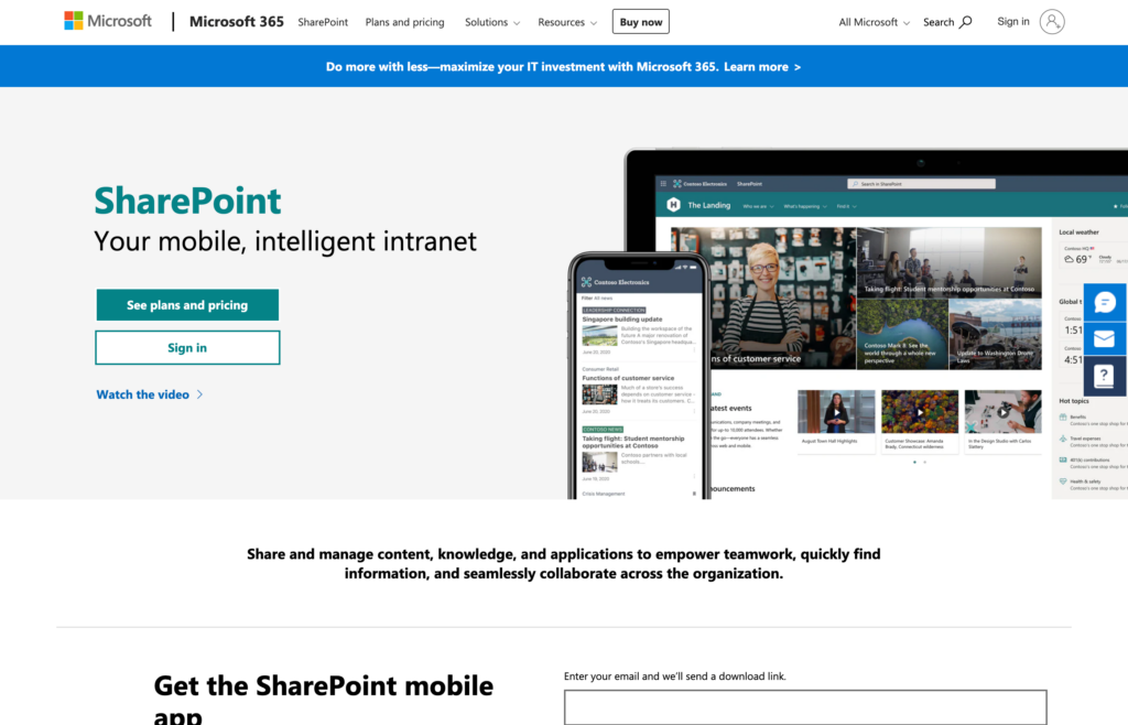 Screenshot of the Microsoft Sharepoint webpage