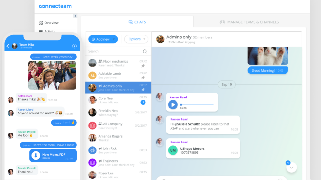 Side-by-side screenshots of Connecteam’s mobile and desktop chat interface.