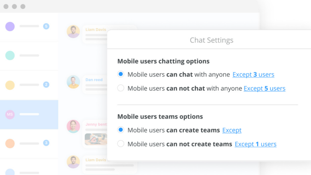 Screenshot showcasing different user permissions on chat settings.