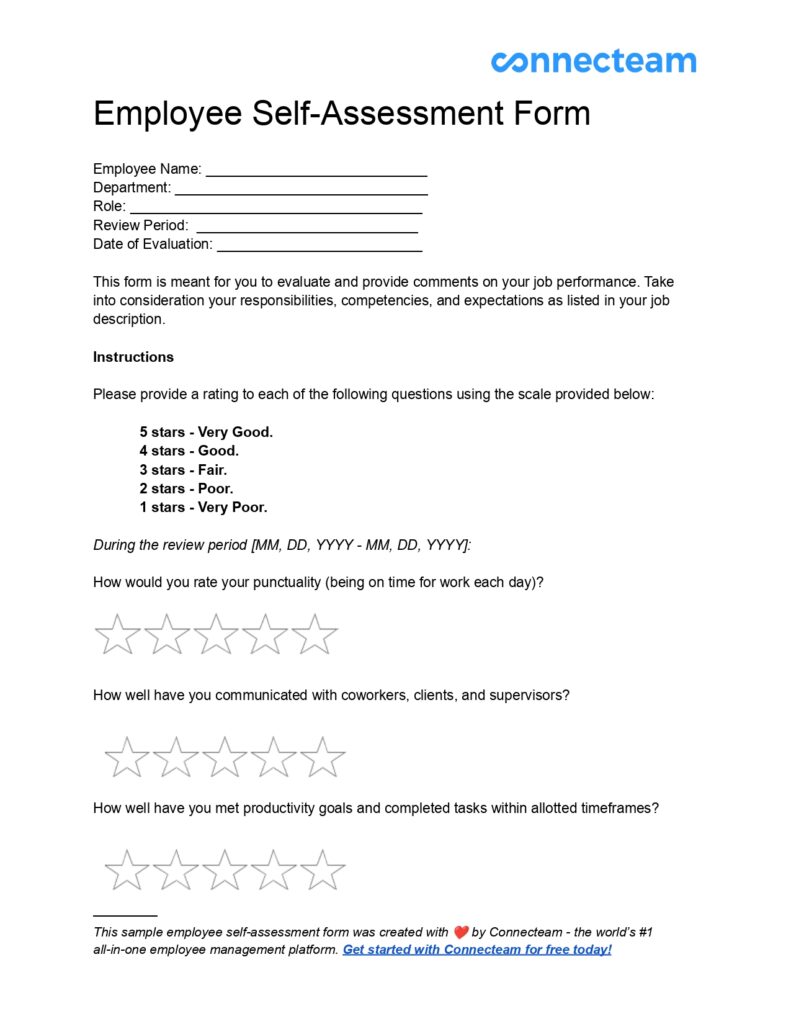 A screenshot of Connecteam’s employee self-assessment form