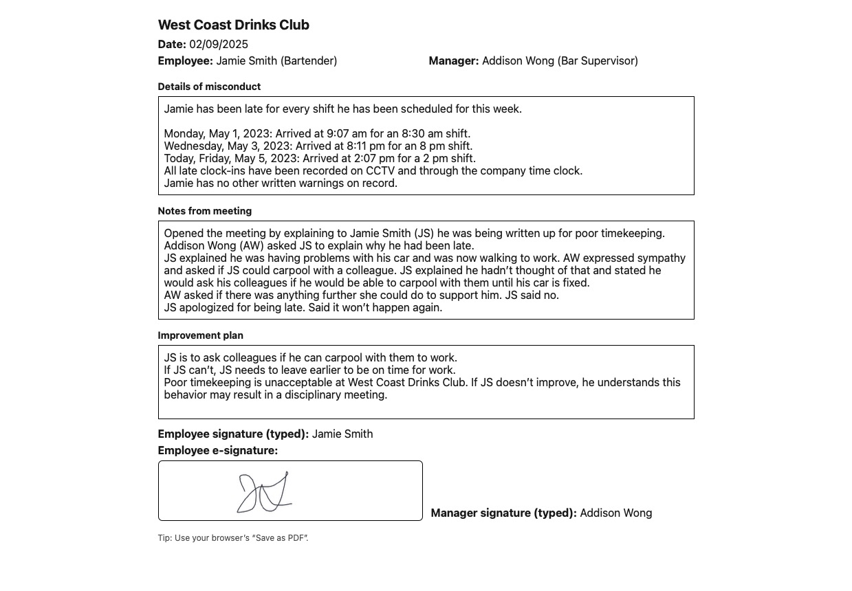 Sample employee write-up form filled out with details.