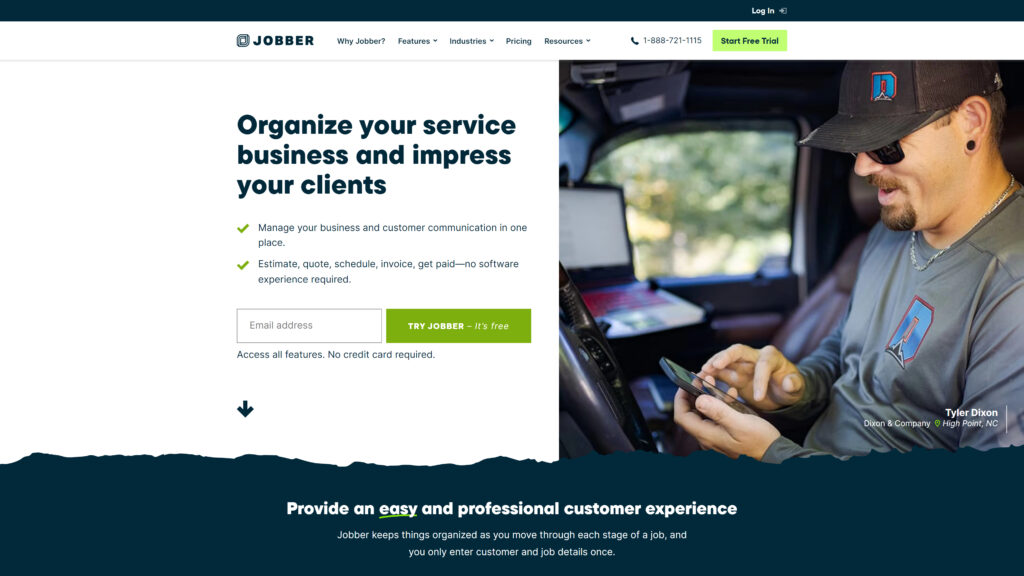 Jobber homepage, with text that reads ‘Organize your service business and impress your clients.’ On the right-hand side is a photo of a man with a goatee. He is wearing a hat and sunglasses, looking down at his phone and smiling.