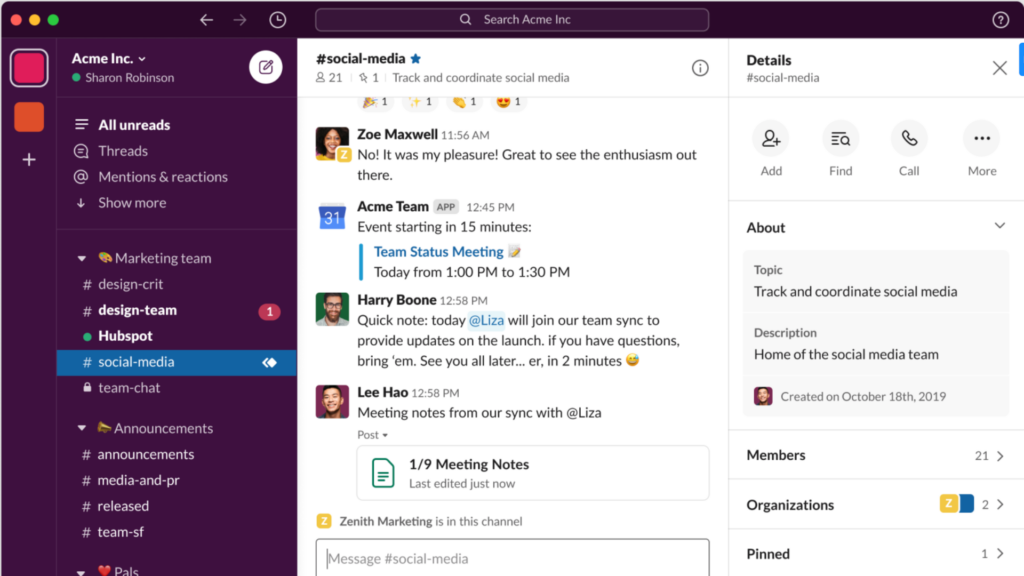 Screenshot of Slack’s user interface, showing left side menu bar and main chat space