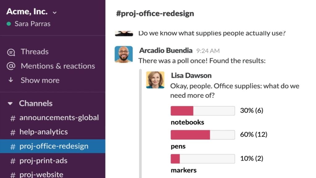 Slack interface, showing a list of channels on the left and messages between employees in a channel on the right.