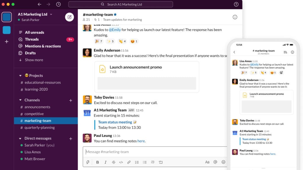 Slack user interface, showing messages and channels on the left, an ongoing conversation in the middle, and messages on a mobile screen on the right.