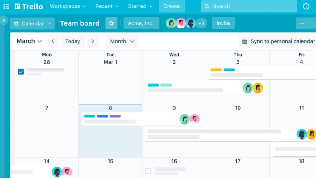 Trello calendar view, showing employees and tasks assigned to specific dates.