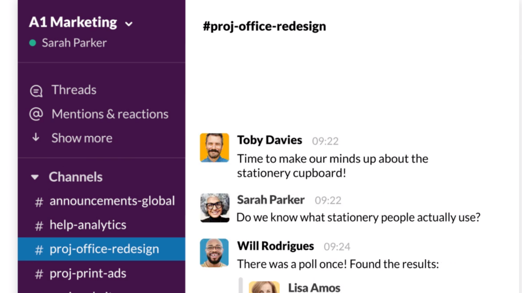 Screenshot of Slack’s interface showing different chat channels. 