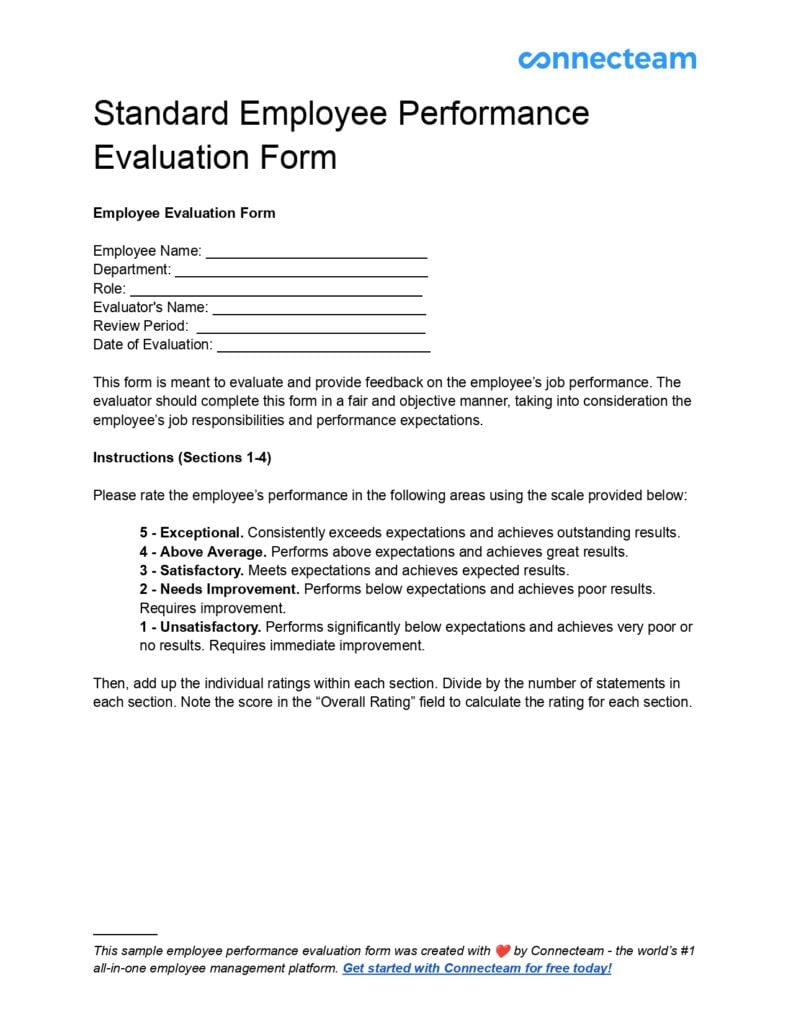 A screenshot of Connecteam’s sample employee performance evaluation form