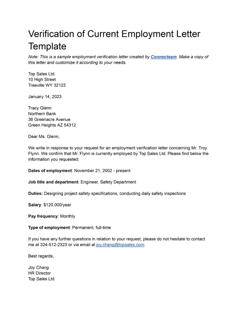  A sample verification of employment letter template.
