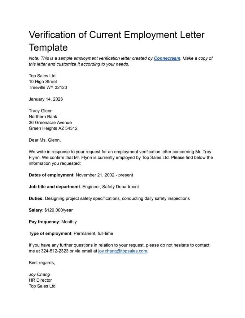 sample employment verification letter for visa