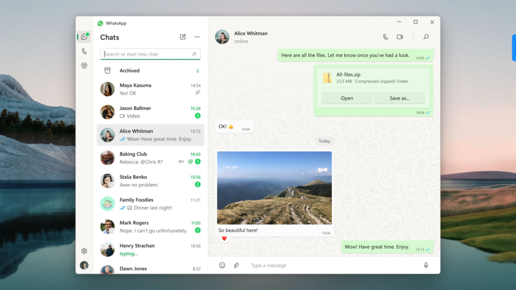 Screenshot of WhatsApp’s web browser interface showing different chats.