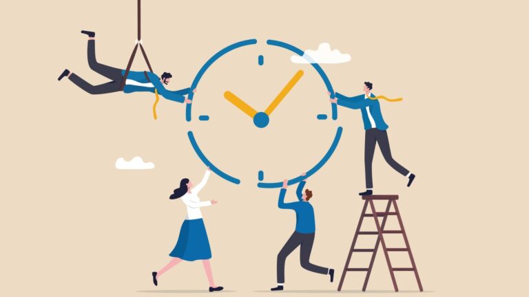 An illustration shows several employees surround a floating clock