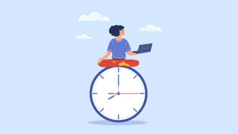 An illustration of a woman holding a laptop, sitting in a yoga pose on top of a clock