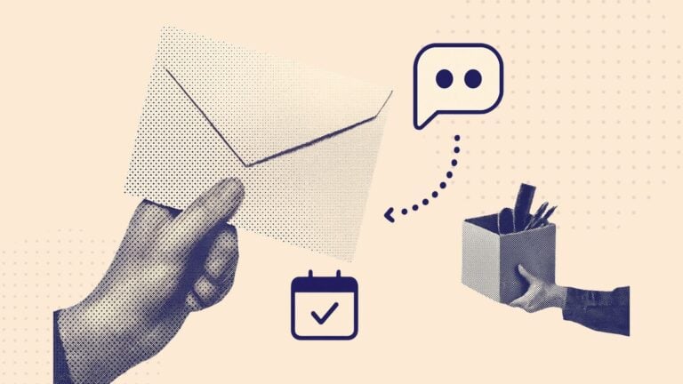 A collage of a hand holding an envelope and another hand holding a box with belongings of a departing employe