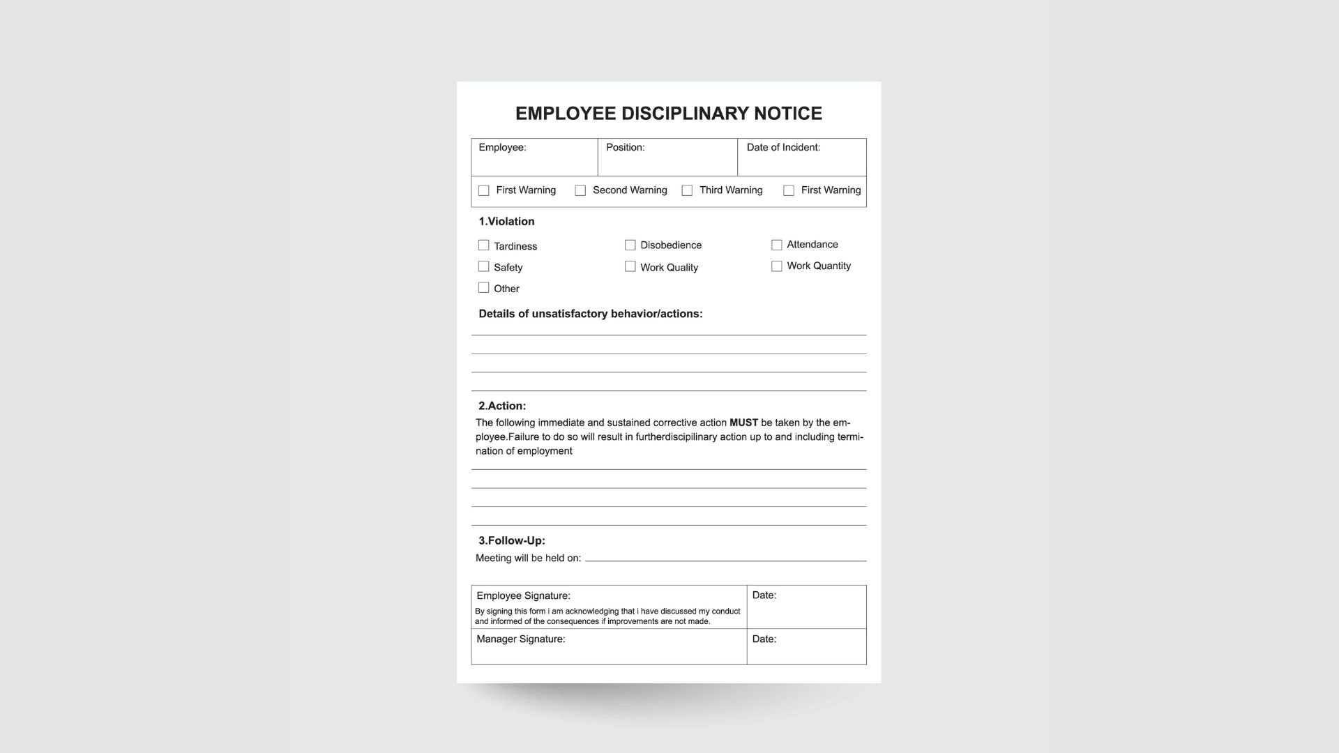 employee write up form samples