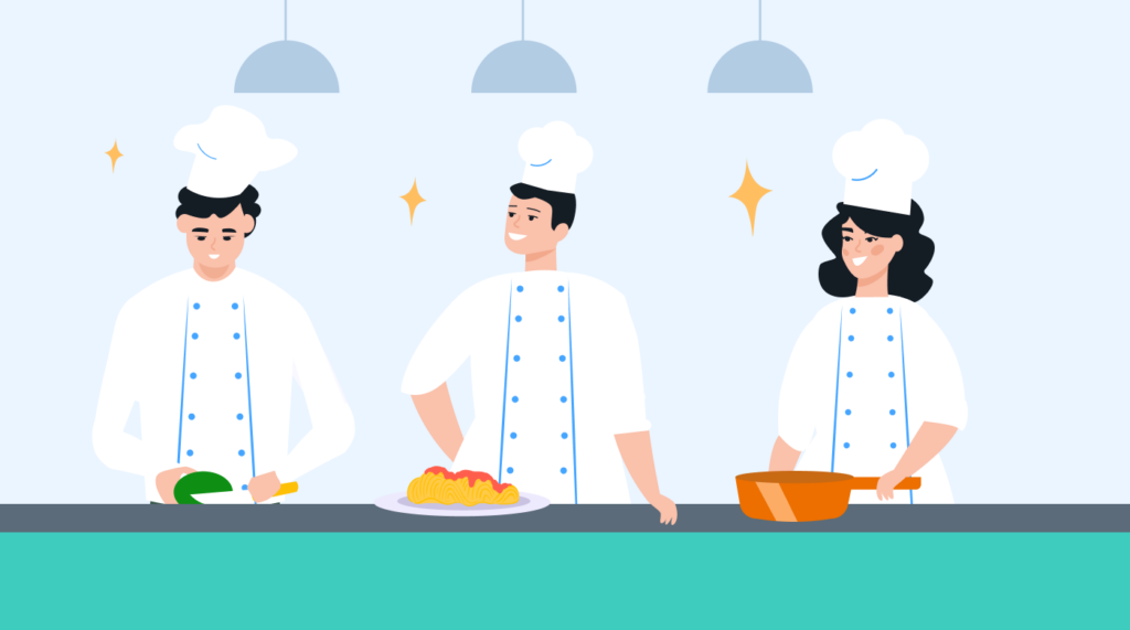 illustration showing 3 cooks