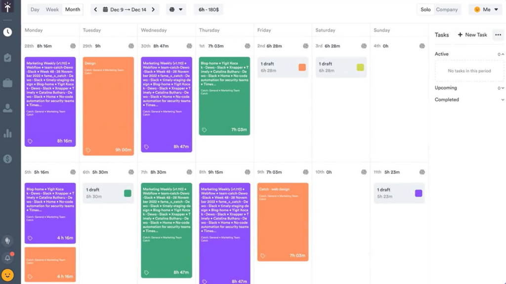 Timely dashboard showing color-coded time entries on a calendar