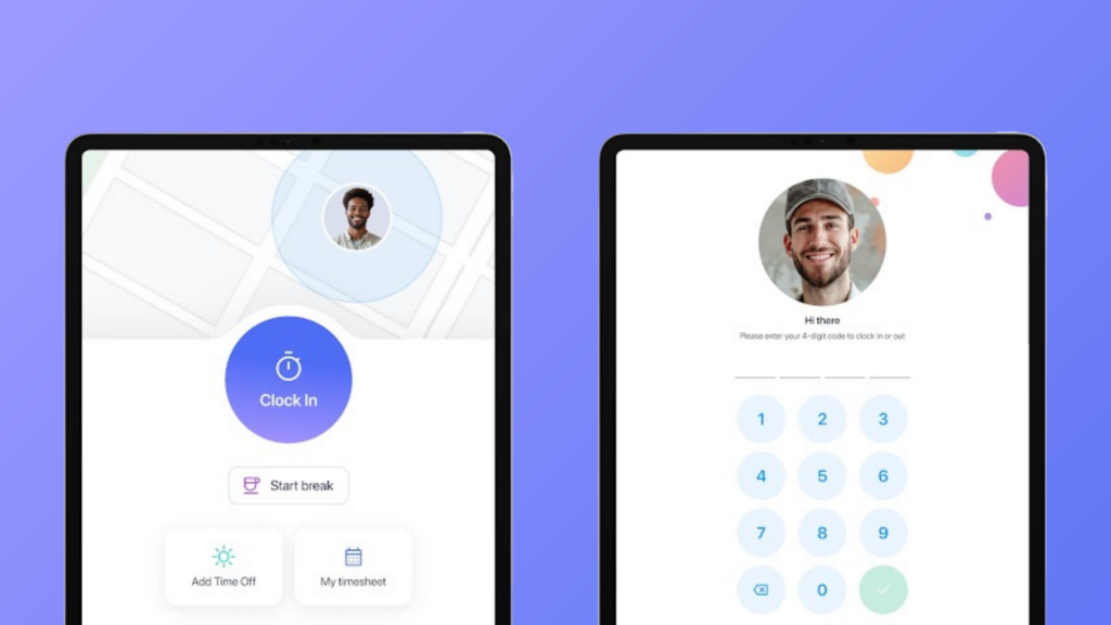 Connecteam iPad time clock app showing clock-in button with map location and PIN code entry screen for employee verification.