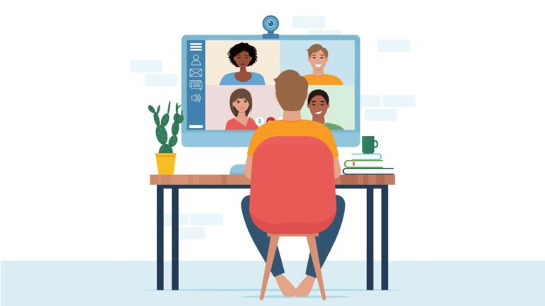 An illustration of an employee sitting at his desk using a video chat app like Microsoft Teams