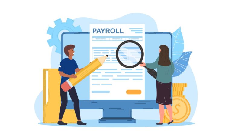 An illustration of two employees working with payroll software