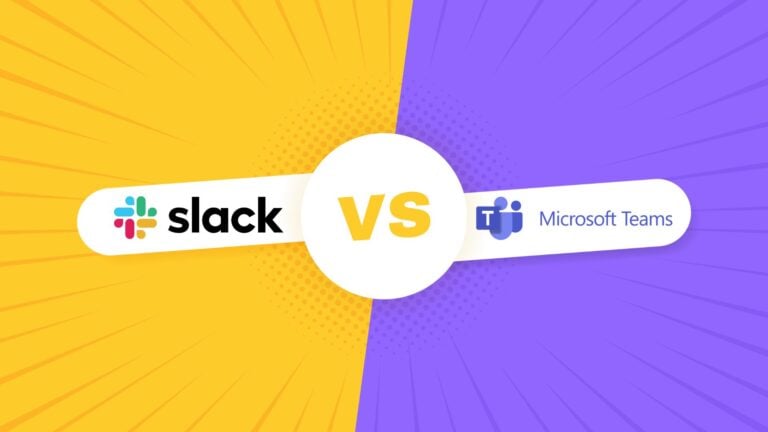 An illustration showing the logos of slack vs microsoft teams