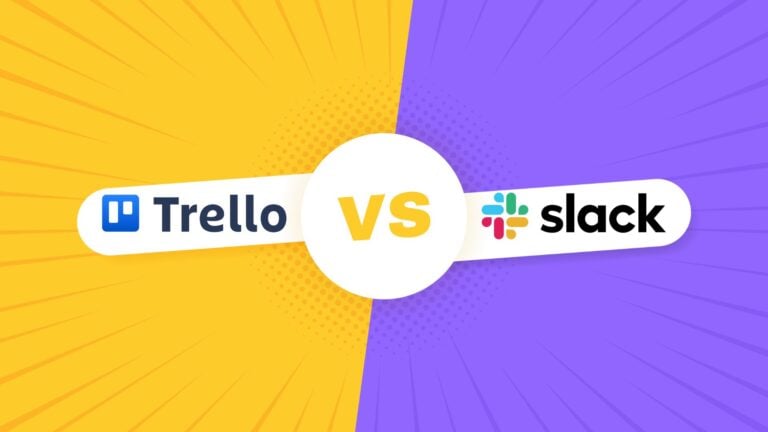 A graphic showing the logos of Slack vs Trello