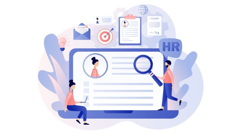 An illustration of HR workers against a backdrop of different symbols representing HR software