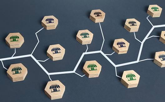 Wooden blocks representing franchises as leaves on a branch