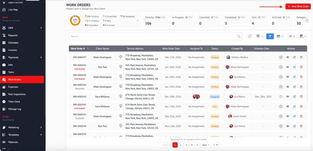 The Contractor+ web dashboard showing a table of current work orders, including the client name, service address, and status.