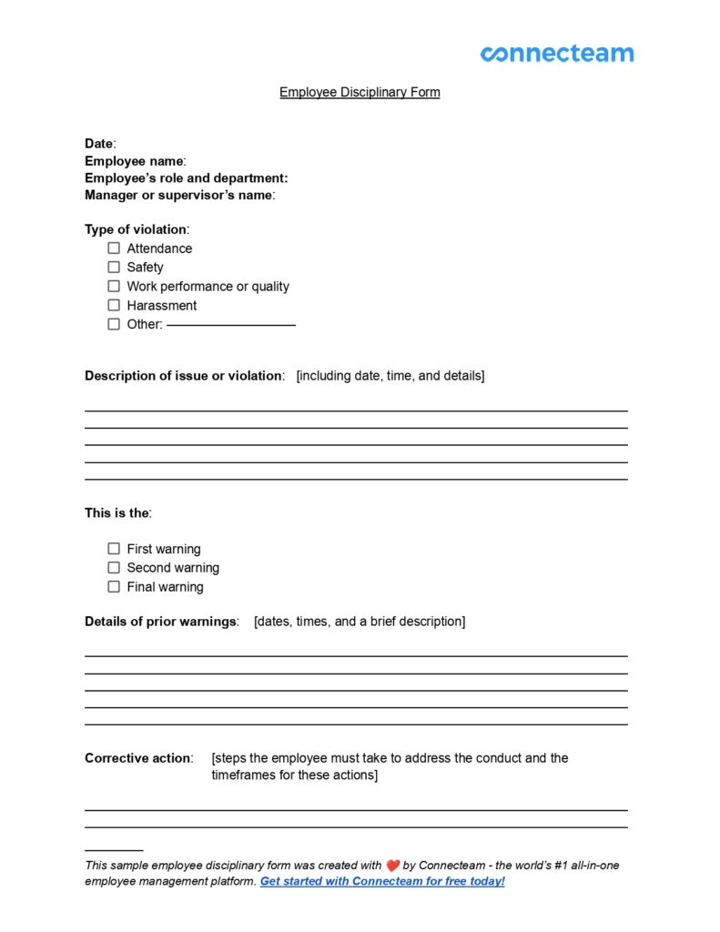 A screenshot of Connecteam’s sample disciplinary form