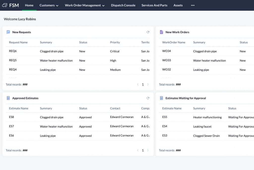 The ZohoFSM dashboard showing new job requests, new work orders, approved estimates, and estimates waiting for approval.