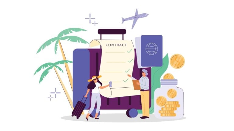 An illustration of employees and graphics symbolizing vacation pay