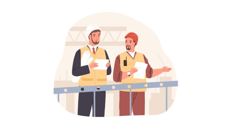 An illustration of two construction managers overseeing a construction site